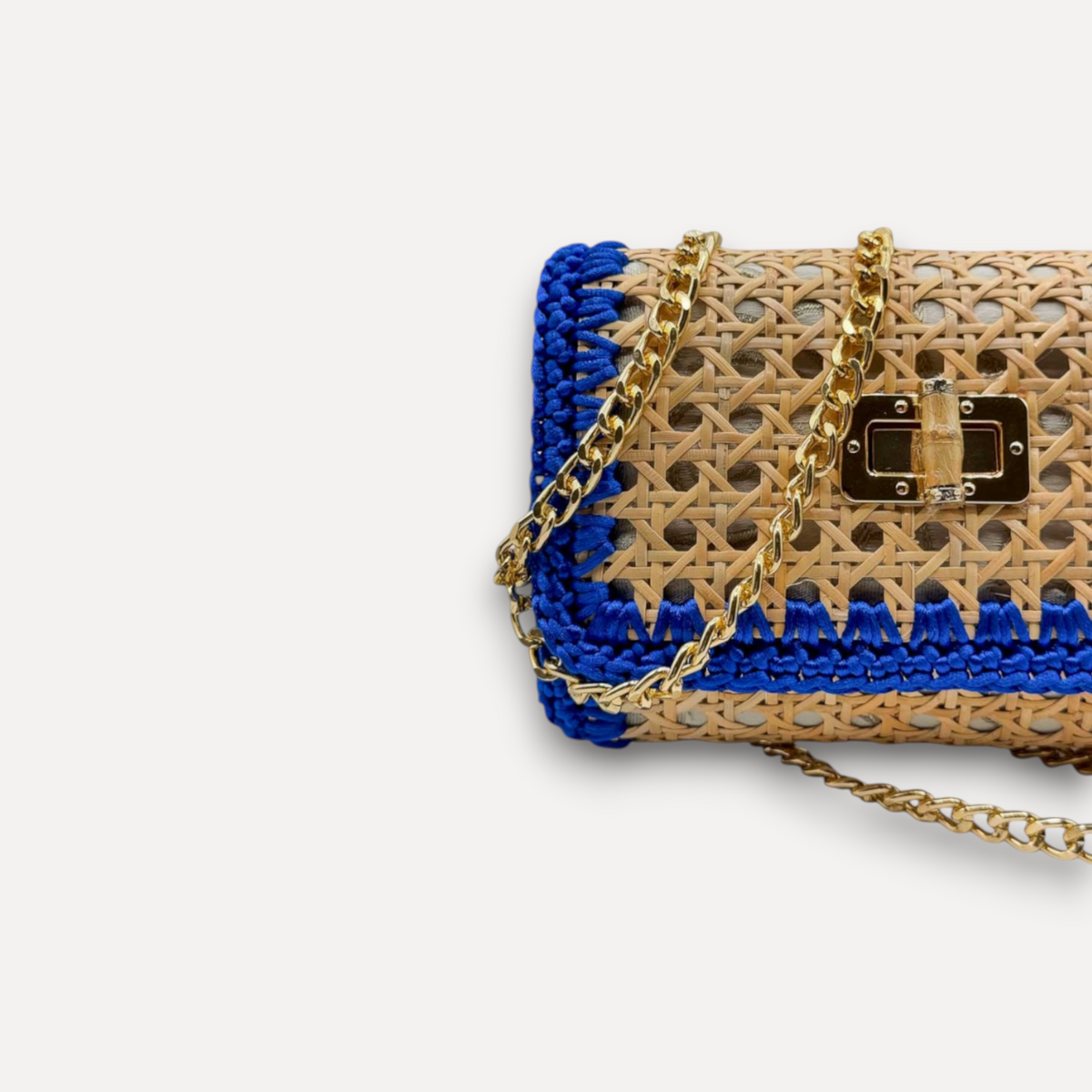 Borsa CapriNina in paglia di Vienna beige con dettagli in corda blu e tracolla a catena dorata