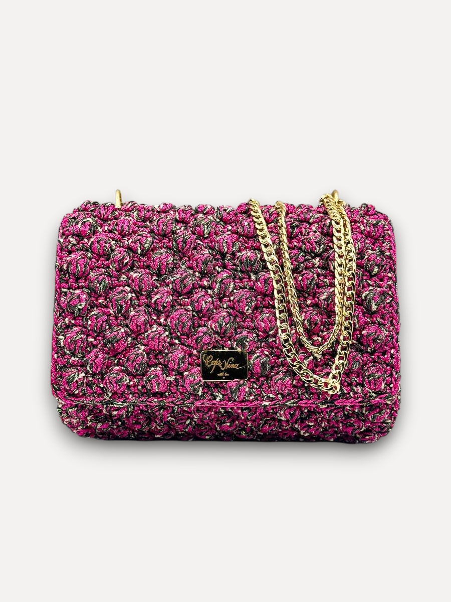 Borsa CapriNina Ninetta Middle lavorata all'uncinetto in corda fucsia e nera con catena dorata regolabile