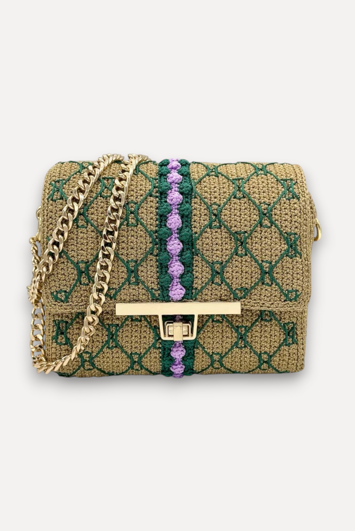 Borsa CapriNina CapriGù lavorata all'uncinetto color beige con ricami verdi, dettagli viola e catena dorata regolabile.