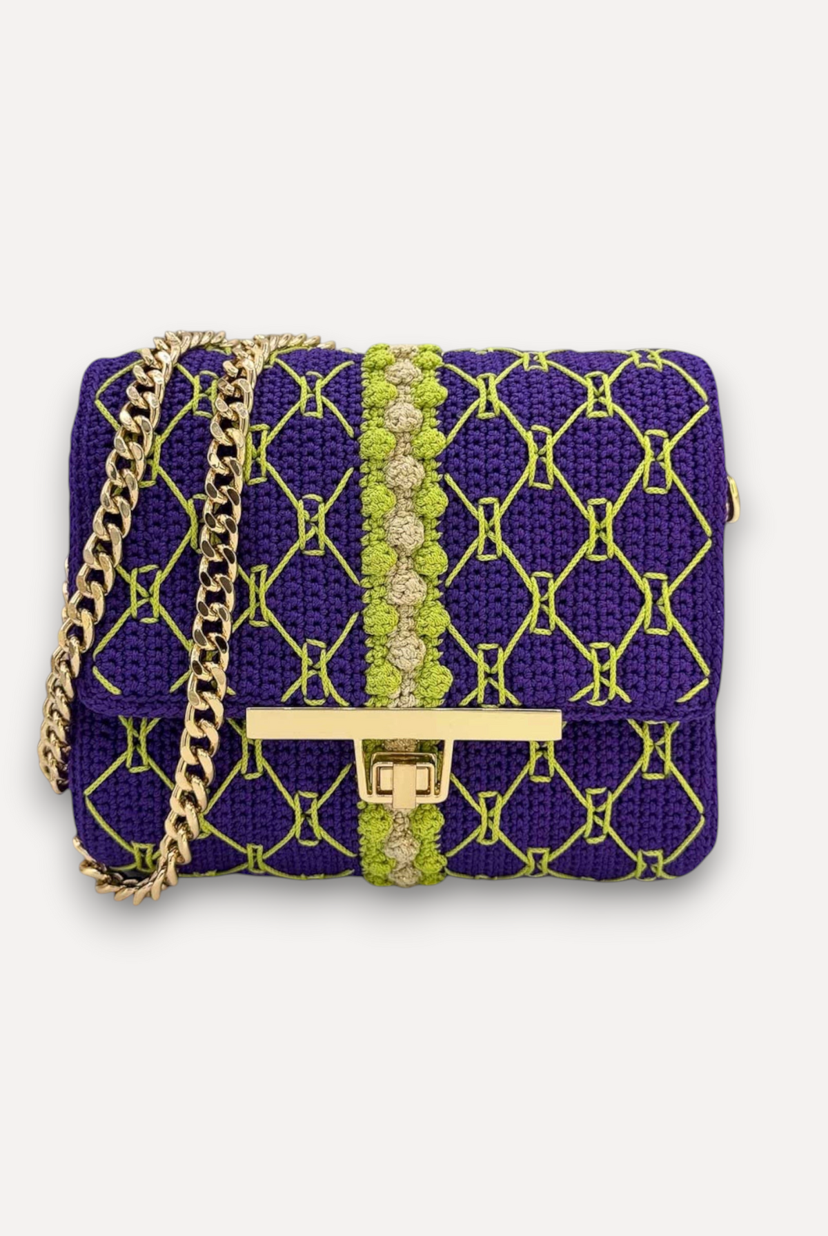 Borsa CapriNina CapriGù lavorata all'uncinetto in viola e verde lime con chiusura a incastro e tracolla a catena dorata