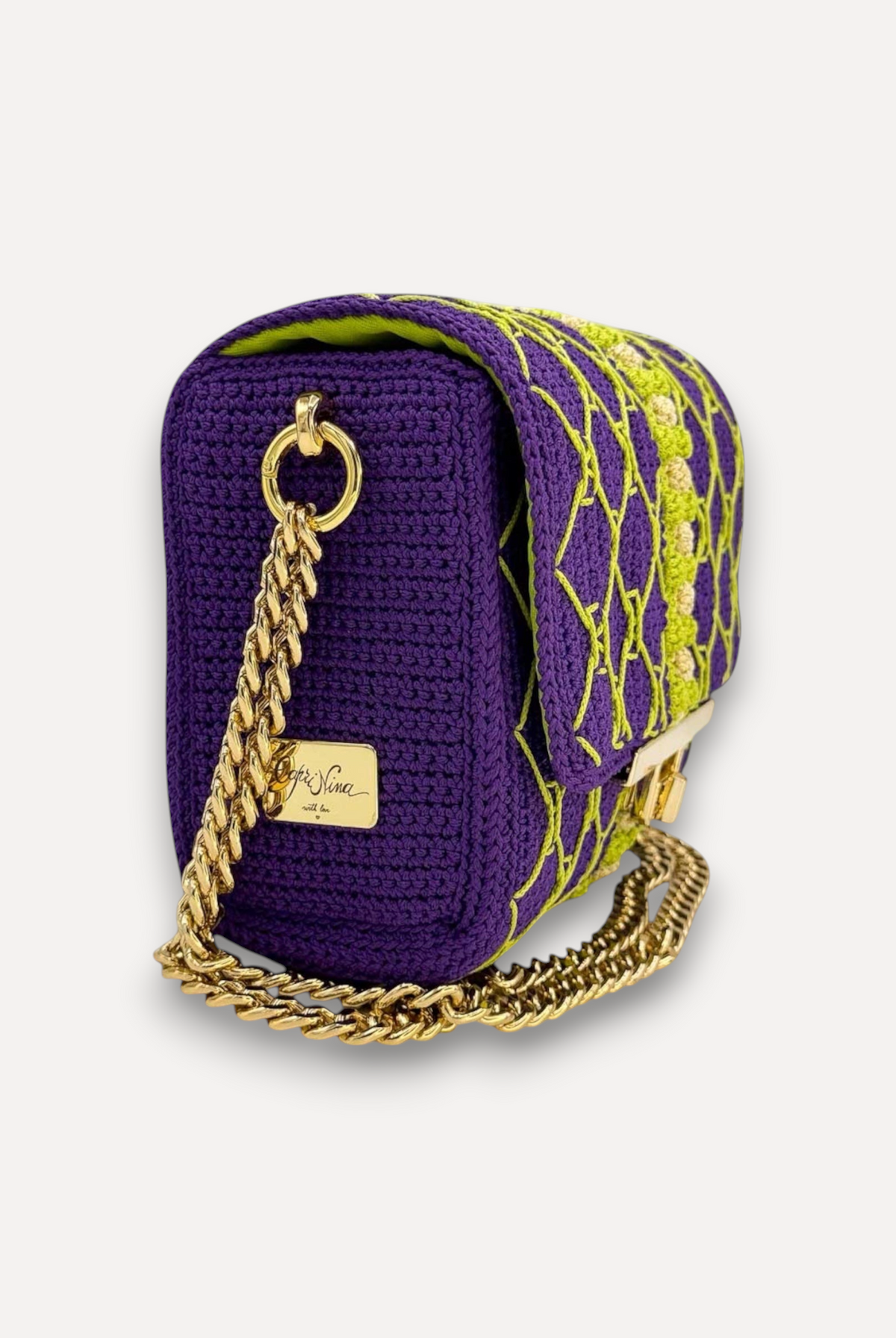 Borsa CapriNina fatta a mano all'uncinetto viola e verde lime con tracolla a catena dorata e chiusura a incastro