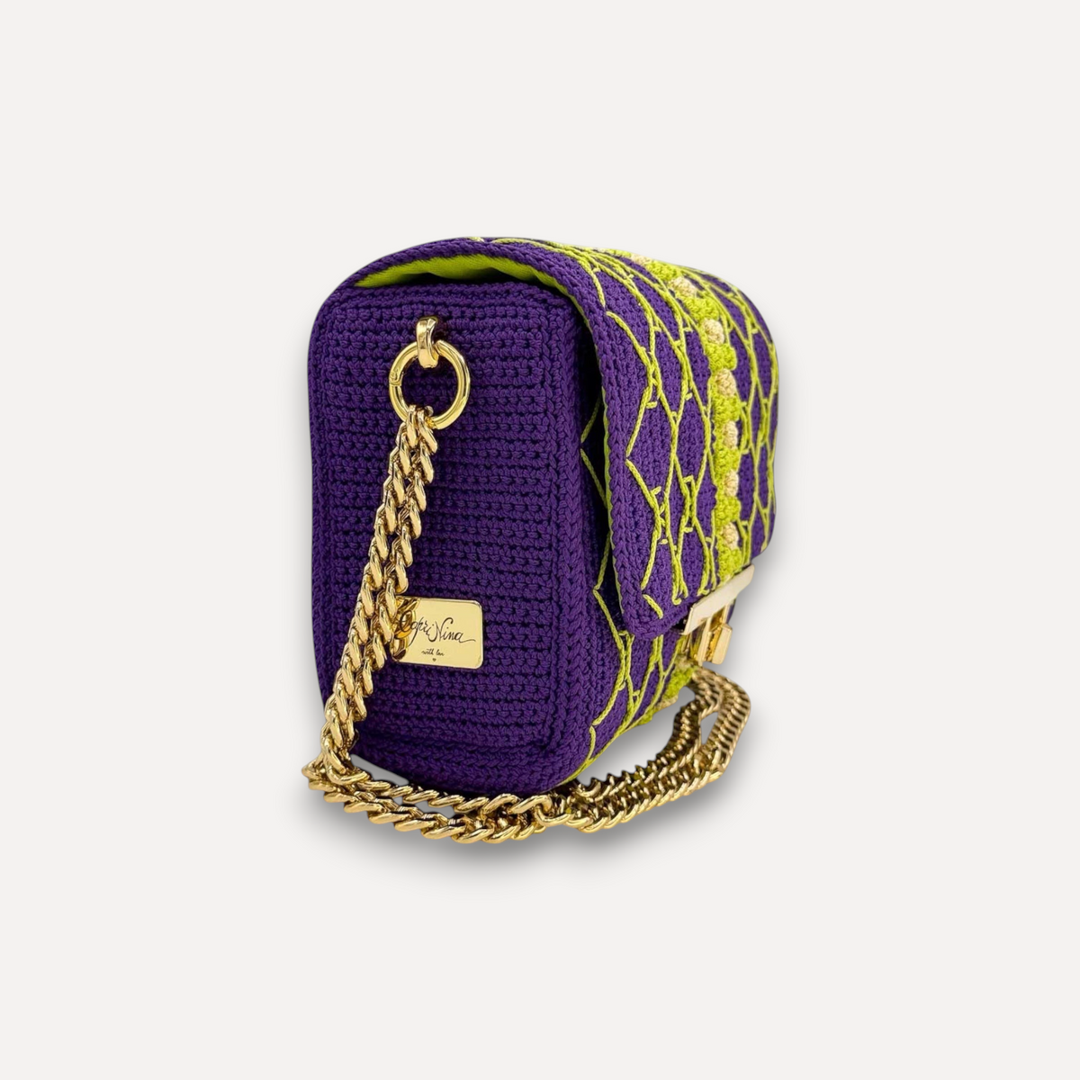 Borsa CapriNina fatta a mano all'uncinetto viola e verde lime con tracolla a catena dorata e chiusura a incastro