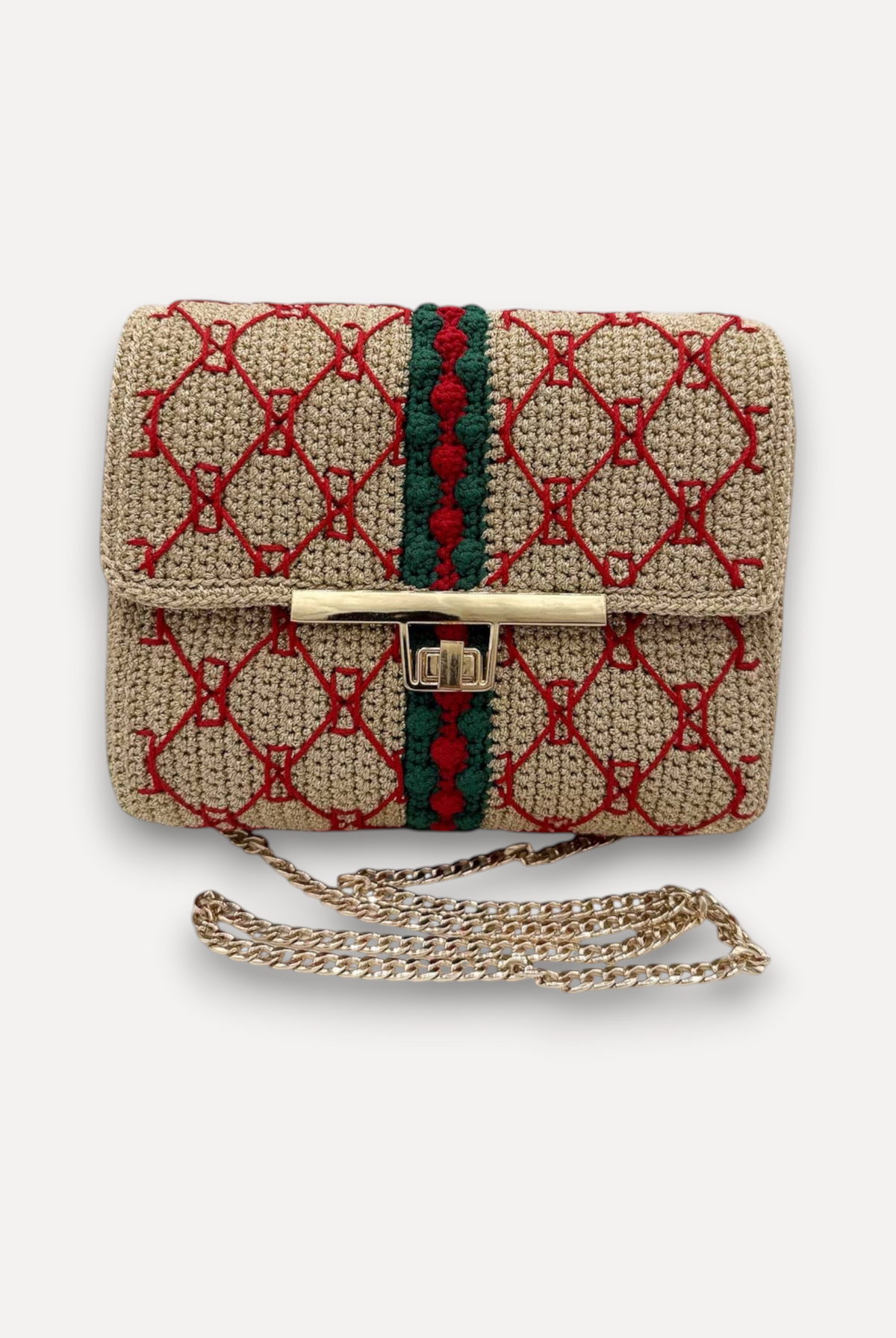 Borsa CapriNina fatta a mano all'uncinetto color beige con ricami rossi, dettagli verdi e chiusura a incastro dorata