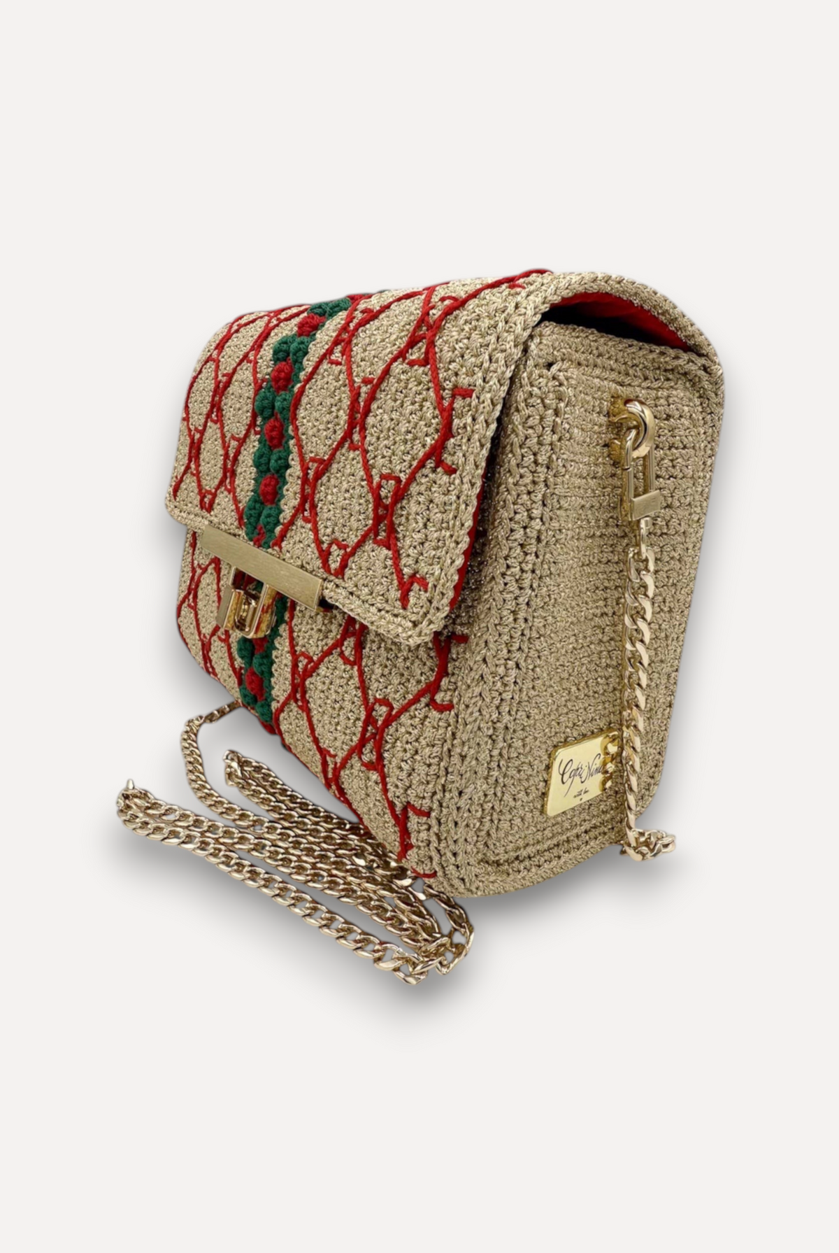 Borsa CapriNina CapriGù lavorata all'uncinetto color beige con ricami rossi e verdi, chiusura a incastro e catena oro