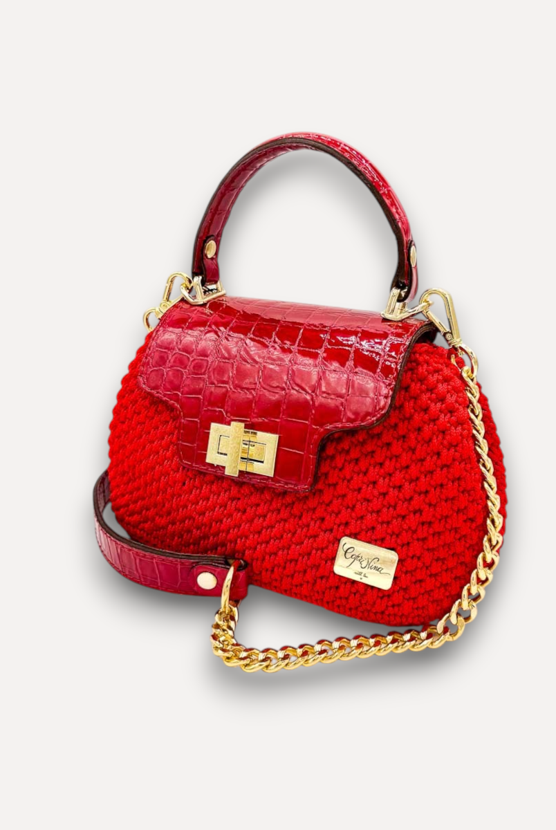 Borsa a mano CapriNina Capriccio rossa in uncinetto con patta in pelle stampa coccodrillo e chiusura a girello oro
