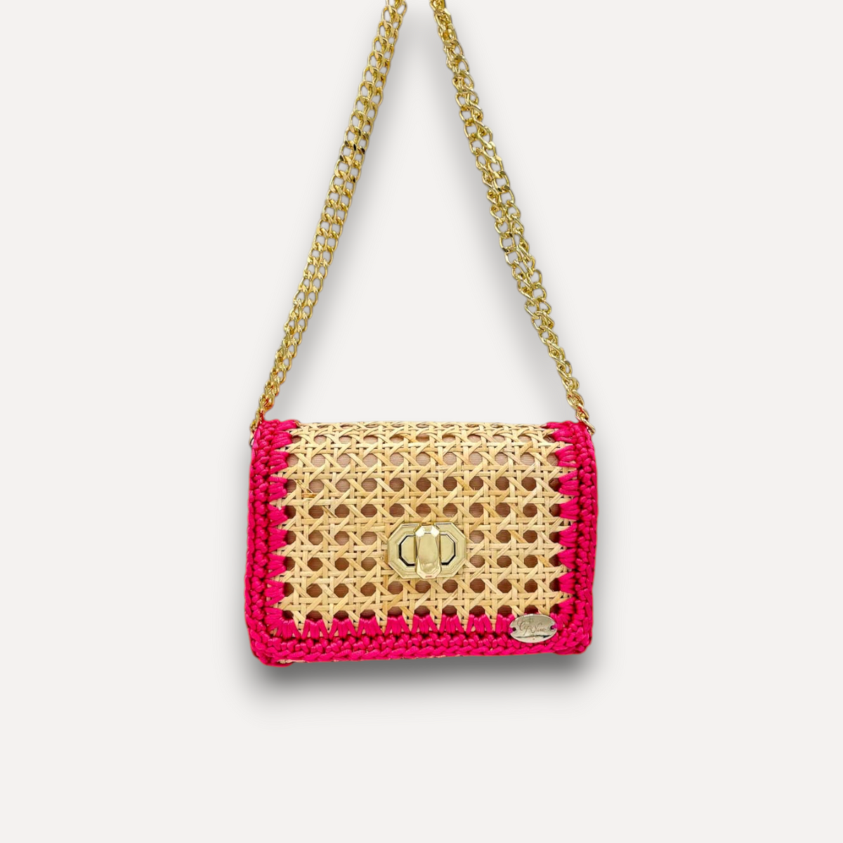 Borsa CapriNina Vienna in paglia naturale con bordi in corda fucsia e tracolla a catena dorata