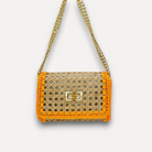 Borsa CapriNina in paglia intrecciata color naturale con bordi in corda arancione e tracolla a catena dorata