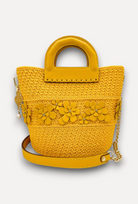 Borsa CapriNina Dodie Flowers gialla in crochet con dettagli floreali in pelle, manico superiore e tracolla.