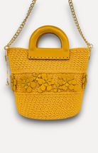 Borsa CapriNina Dodie Flowers gialla in crochet con dettagli floreali in pelle, manico rigido e tracolla a catena