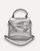 Borsa CapriNina Hesmeralda Baby in pelle argentata con stampa pitone e dettagli all'uncinetto