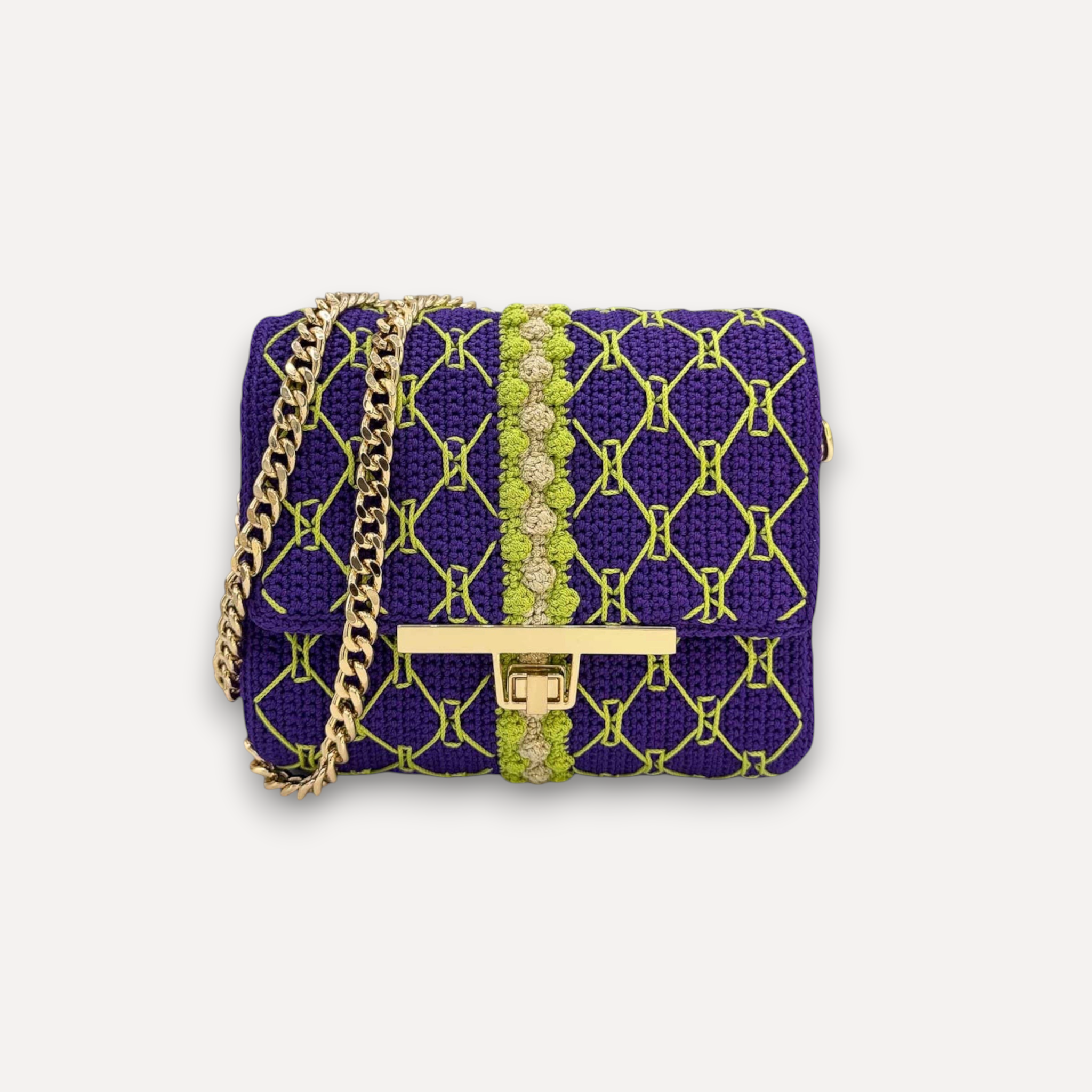 Borsa CapriNina CapriGù lavorata all'uncinetto in viola e verde lime con chiusura a incastro e tracolla a catena dorata