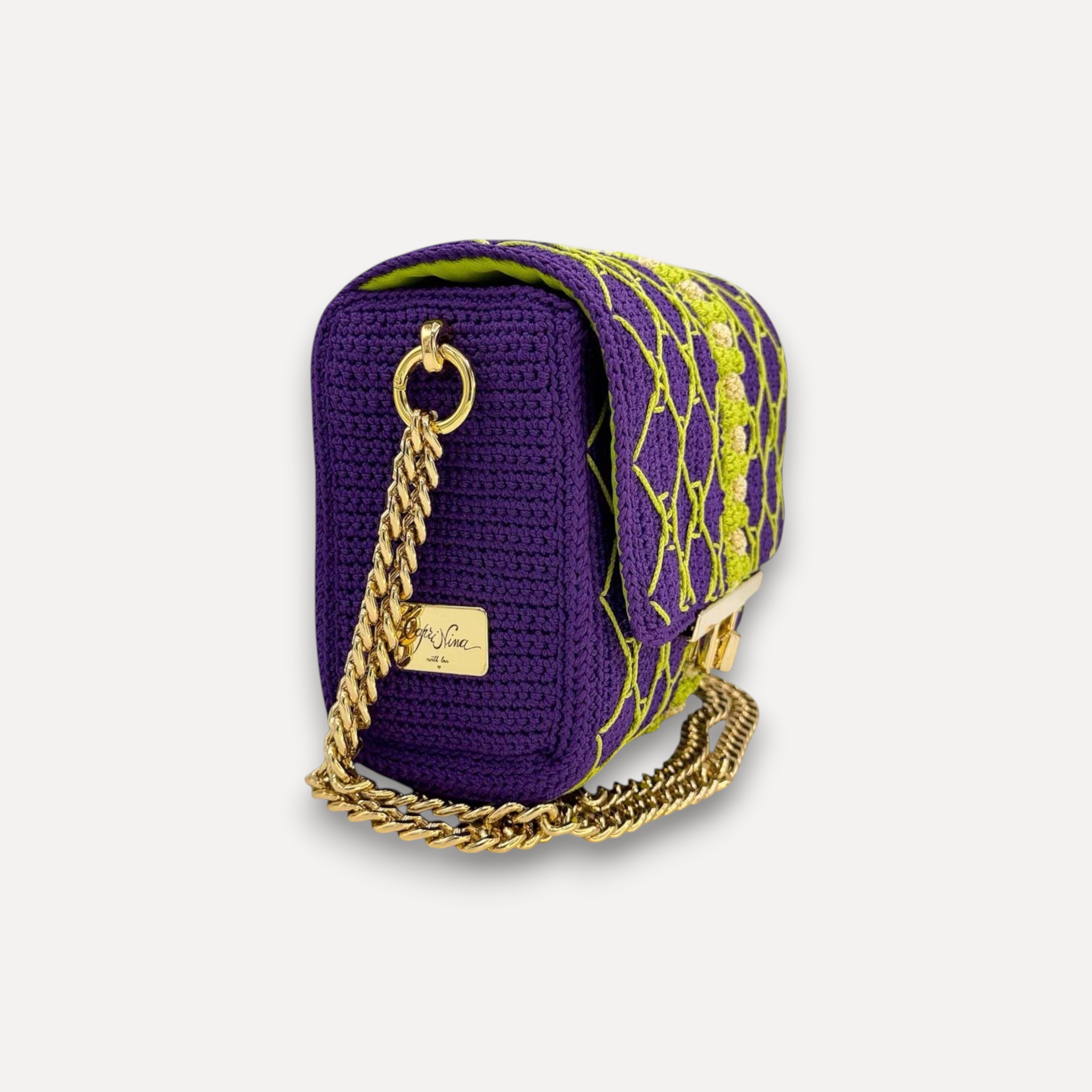 Borsa CapriNina fatta a mano all'uncinetto viola e verde lime con tracolla a catena dorata e chiusura a incastro