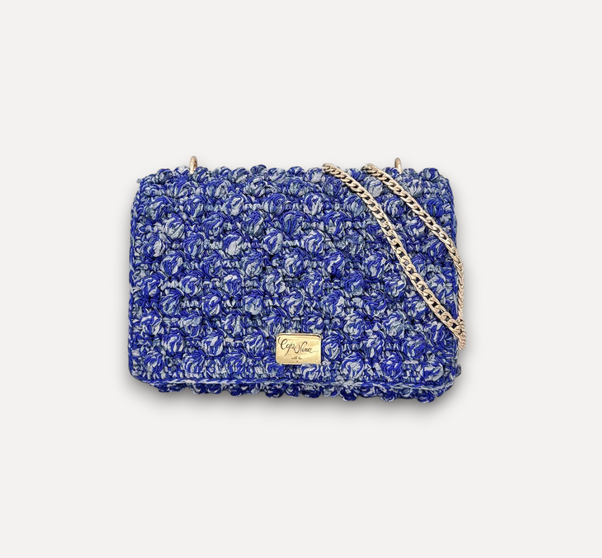 Borsa CapriNina Ninetta Middle lavorata all'uncinetto in corda blu e argento con tracolla a catena dorata