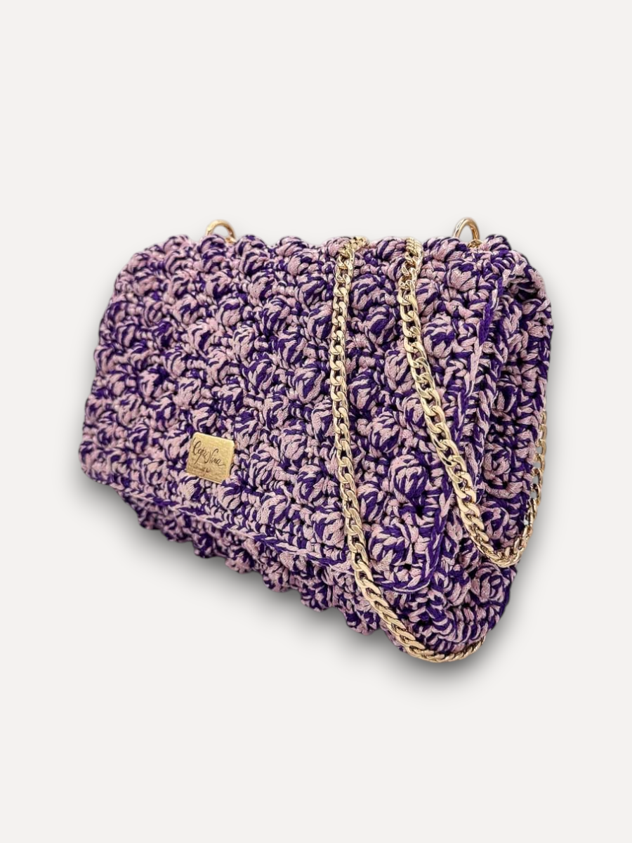 Borsa CapriNina Ninetta Middle lavorata all'uncinetto in corda viola e lilla con tracolla a catena color oro