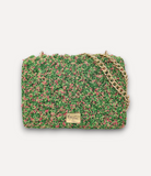 Borsa CapriNina Ninetta Middle lavorata all'uncinetto in corda verde e rosa con tracolla a catena color oro