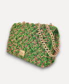 Borsa CapriNina Ninetta Middle lavorata all'uncinetto in corda verde e rosa con tracolla a catena dorata