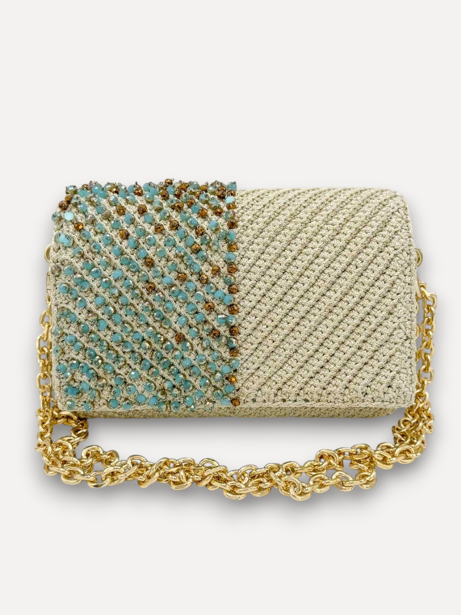 Borsa a tracolla CapriNina Ninetta Special in crochet color champagne con dettagli in cristalli azzurri e dorati