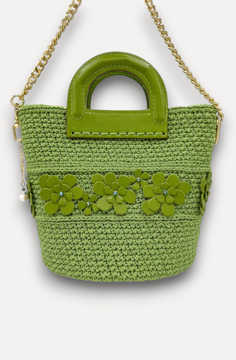 Borsa a mano CapriNina in crochet verde con fiori in pelle applicati, manico rigido e tracolla a catena dorata