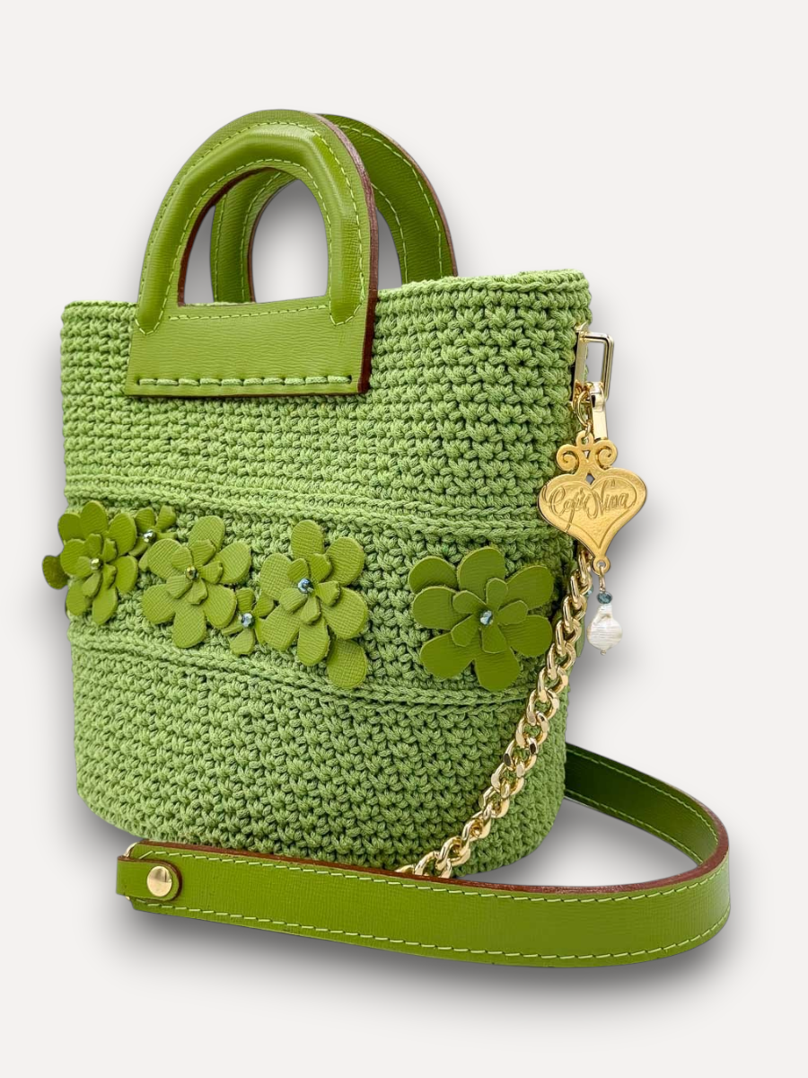 Borsa CapriNina Dodie Flowers verde in crochet con dettagli floreali in pelle, manico superiore e tracolla a catena