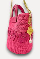 Borsa CapriNina Dodie Flowers fucsia in crochet con fiori in pelle, manico rigido e tracolla a catena dorata